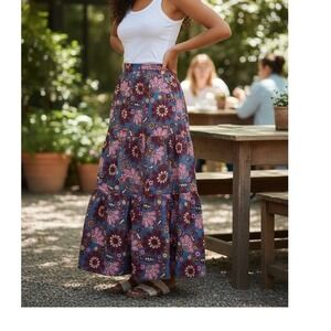 Boden Tiered Maxi Skirt Blue Floral Corduroy Pockets Boho Festival Size 4